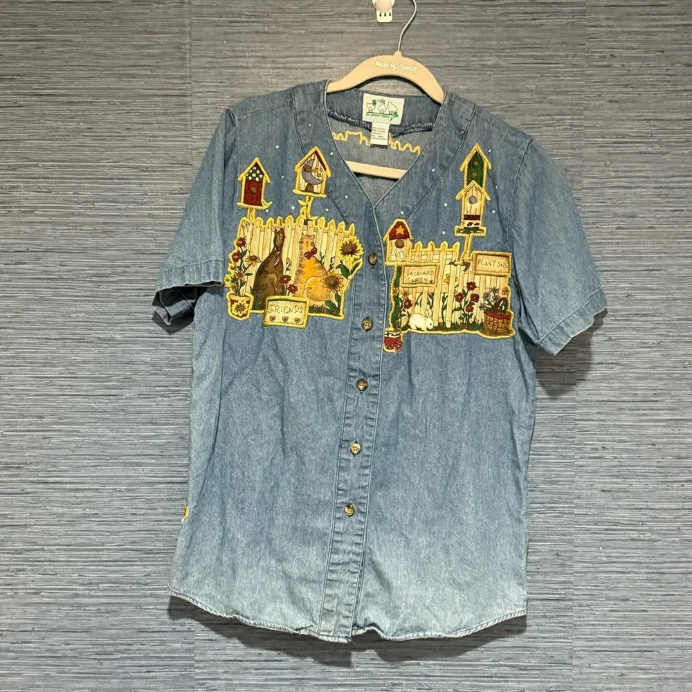 Quaker Factory Denim Short Sleeve Shirt Cats Garden Grandmacore‎ Cottage Small